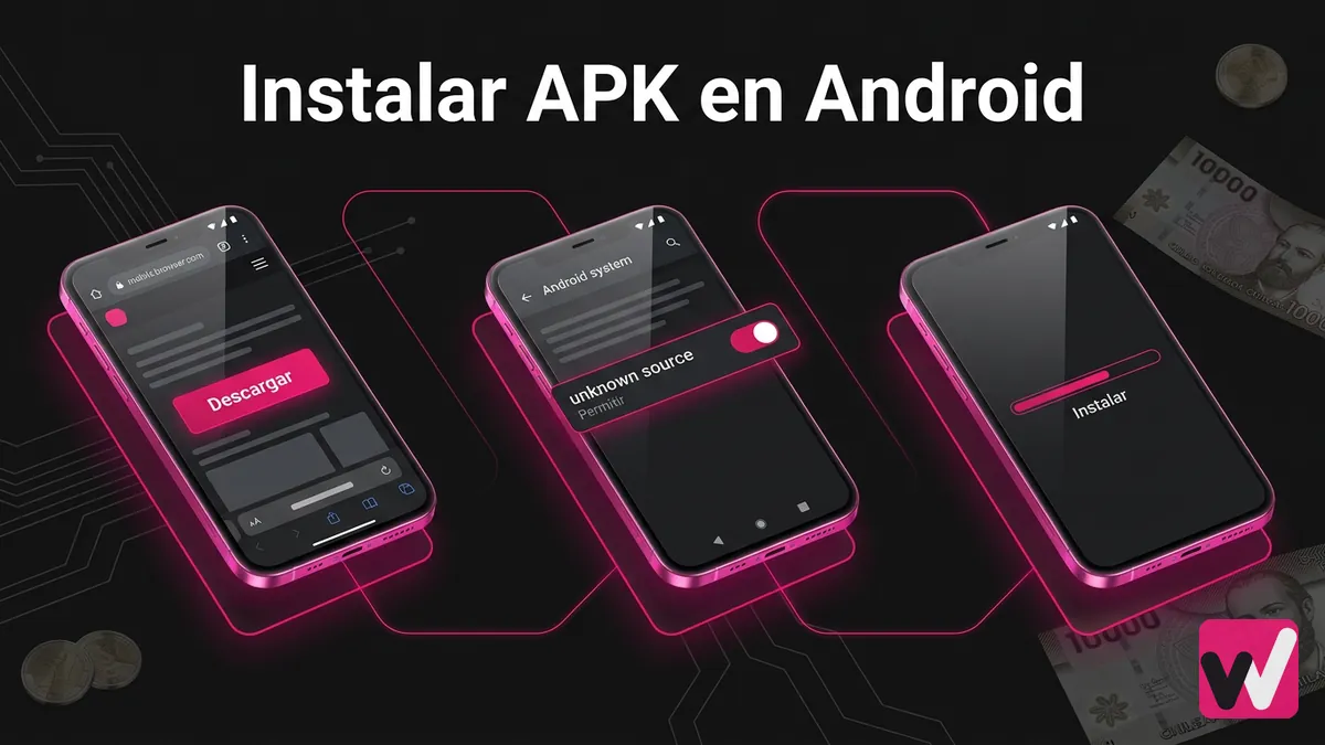 Tres pantallas de celular mostrando los pasos para instalar el APK de Wanabet en Android