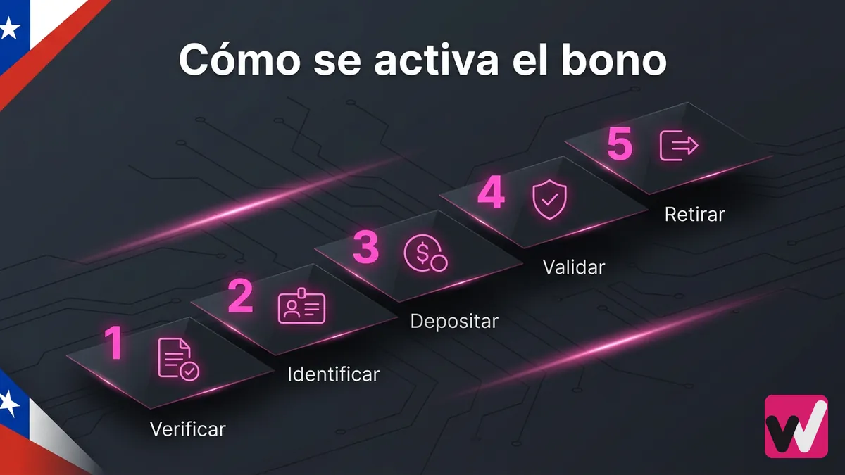 Pasos ilustrados para activar el bono de bienvenida de Wanabet, con acento de la bandera chilena