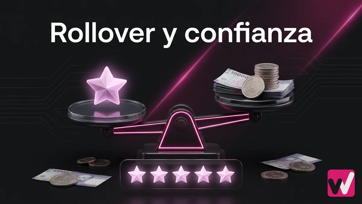 Balanza ilustrativa que representa el rollover y la confianza del bono de Wanabet junto a monedas chilenas