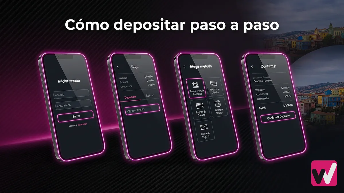Secuencia de pantallas mostrando los pasos para depositar en Wanabet, con cerros de Valparaíso al fondo