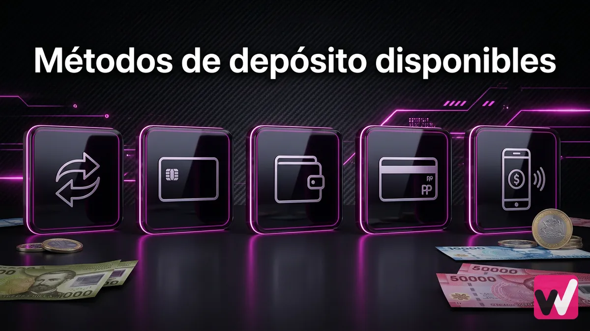 Cinco íconos abstractos de métodos de depósito con monedas chilenas al frente en fondo oscuro con neón magenta