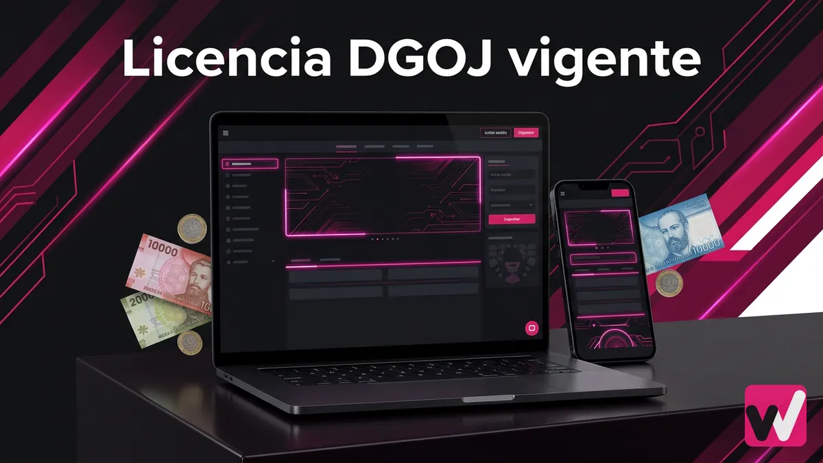 Mockup de panel con licencia DGOJ y moneda chilena junto a la reseña de Wanabet