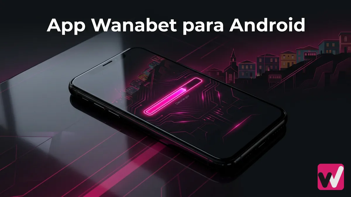 Teléfono con pantalla de descarga de la app de Wanabet junto al cerro de Valparaíso